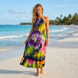 Summer Halter Dress Rayon Hand Painted Floral Design